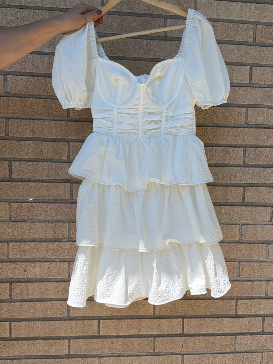 Prettylittlething White Tiered Puff Sleeve Mini Dress